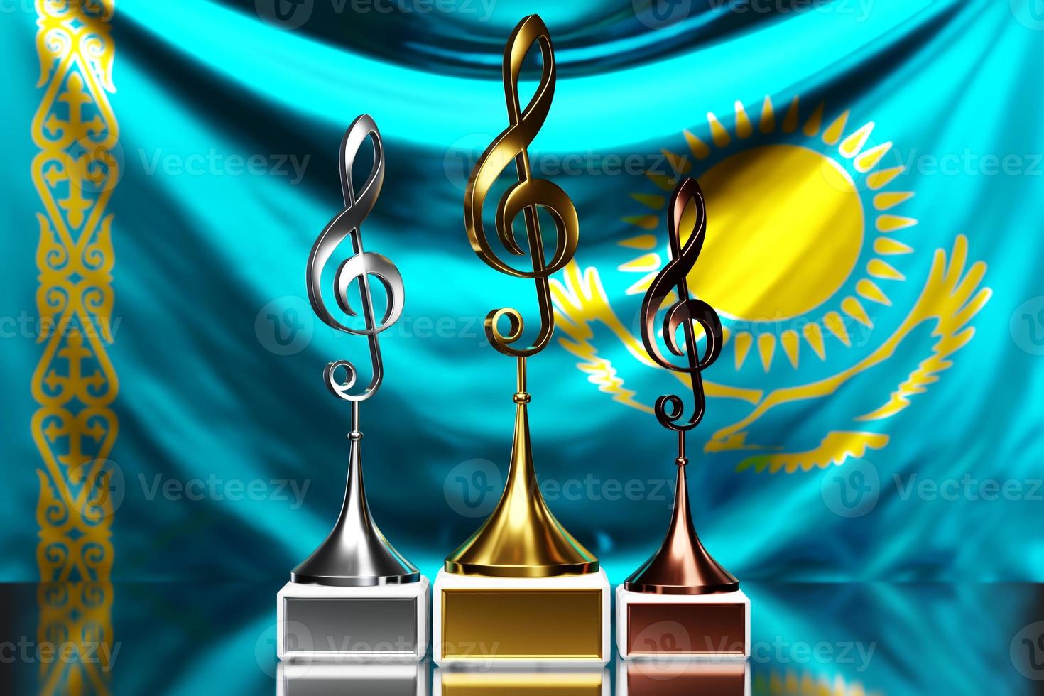 Treble clef awards for winning the music award against the background of the national flag of Kazakhstan, 3d illustration. photo