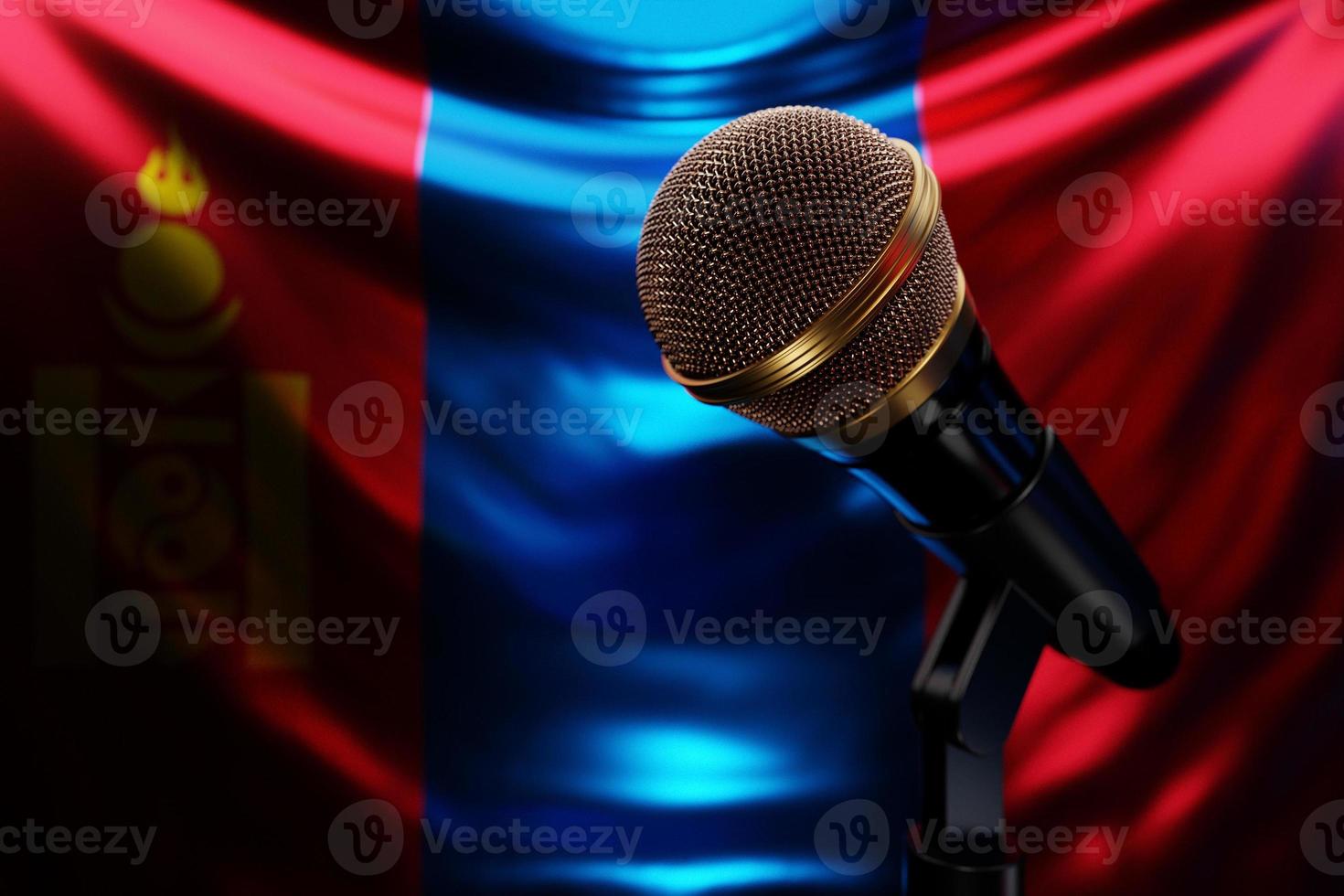 micrófono en el fondo de la bandera nacional de mongolia, ilustración 3d realista. premio de música, karaoke, radio y equipo de sonido de estudio de grabación foto