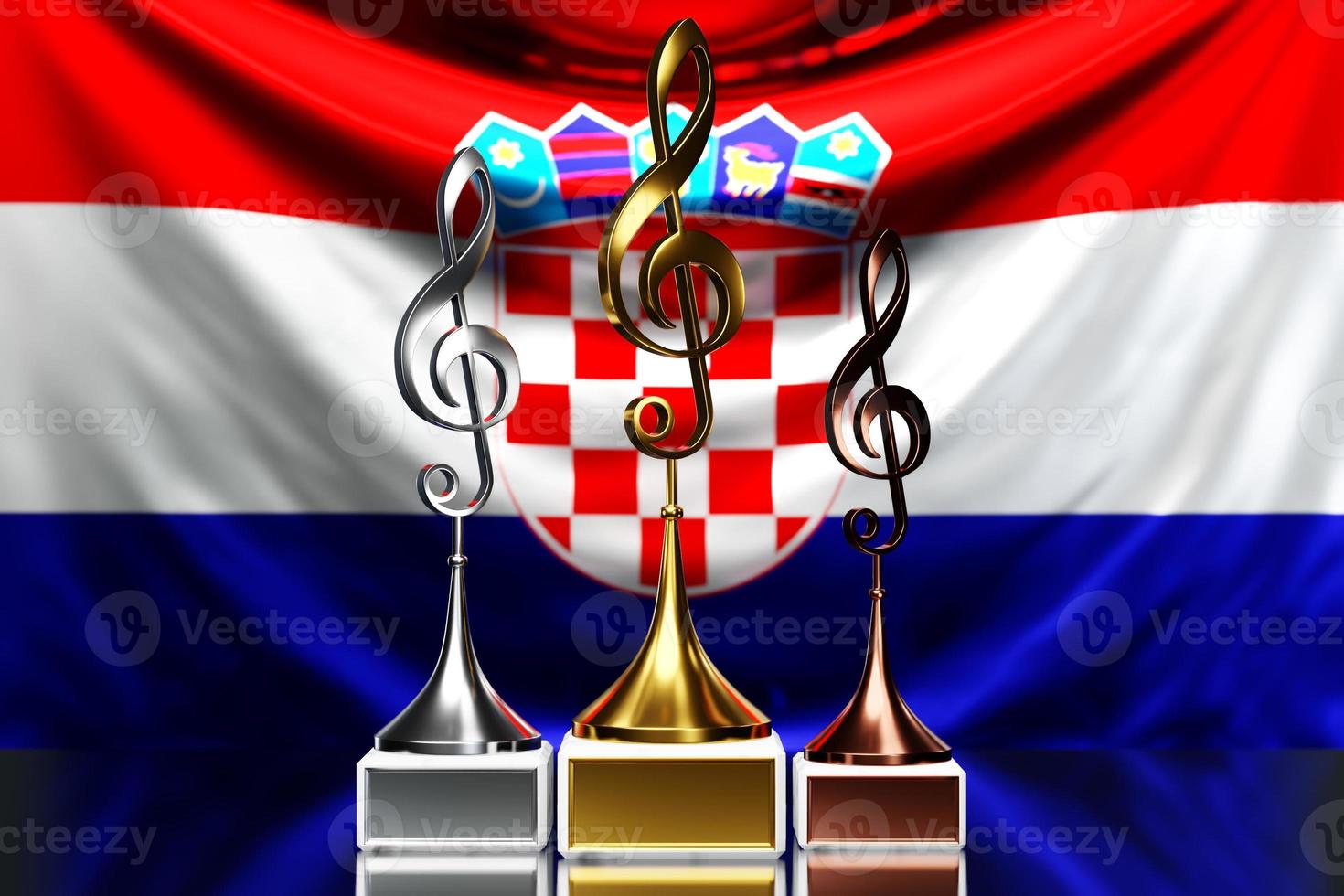 Treble clef awards for winning the music award against the background of the national flag of Croatia, 3d illustration. photo