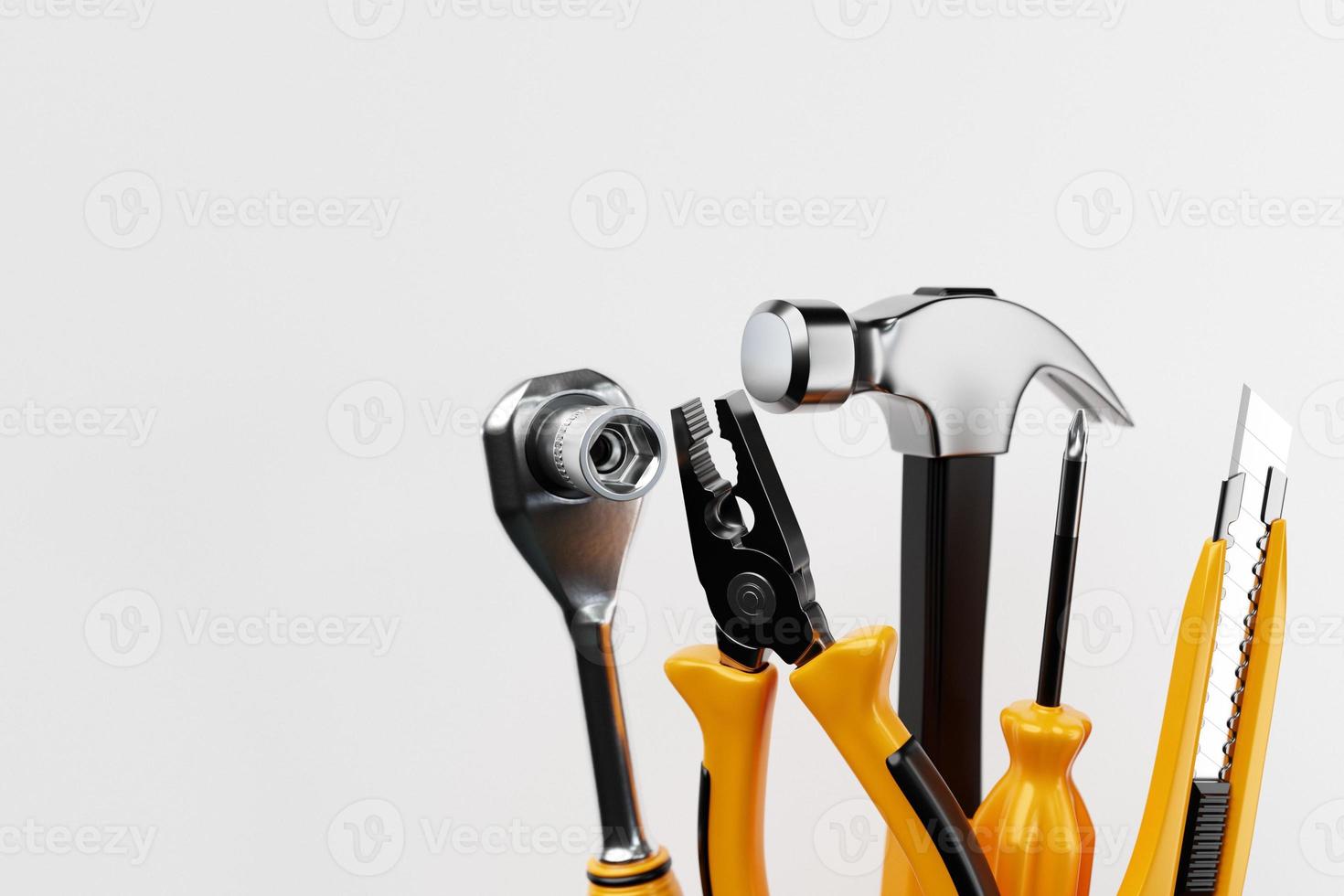 3D illustration yellow pliers, hammer, screwdriver, cutter, ratchet wrench  hand tool isolated on white background. 3D render and illustration of repair and installation tool photo