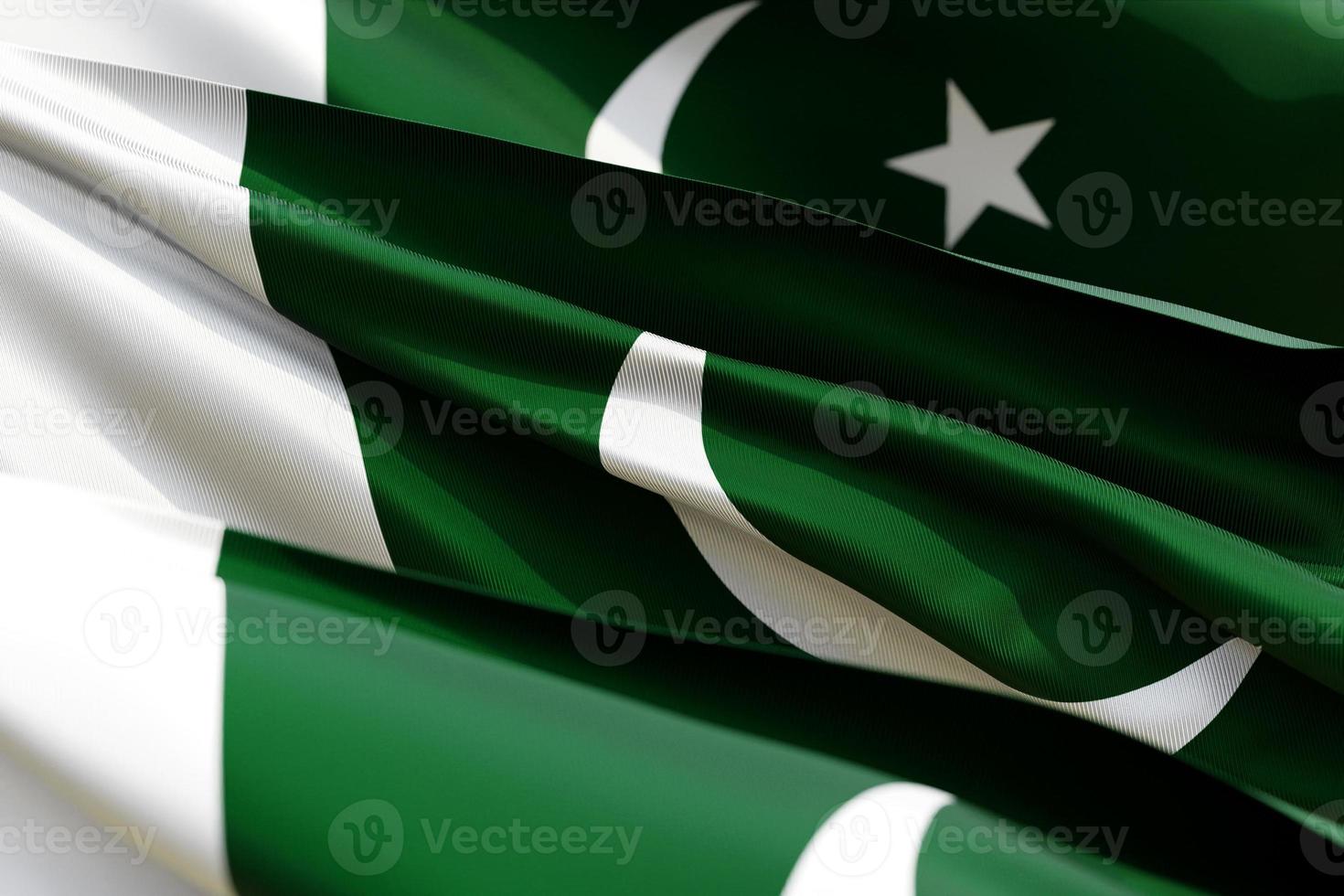 The national flag of Pakistan from textiles close up in three versions, soft focus. 3D illustration photo