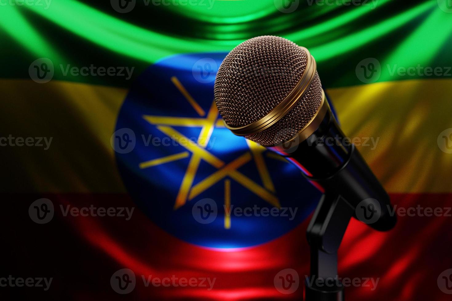 Microphone on the background of the National Flag of  Ethiopia, realistic 3d illustration. music award, karaoke, radio and recording studio sound equipment photo
