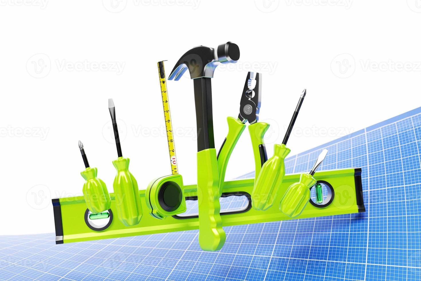 3D illustration of a hand tool for repair and construction  level, screwdriver, hammer, pliers, tape measure. Set of tools photo