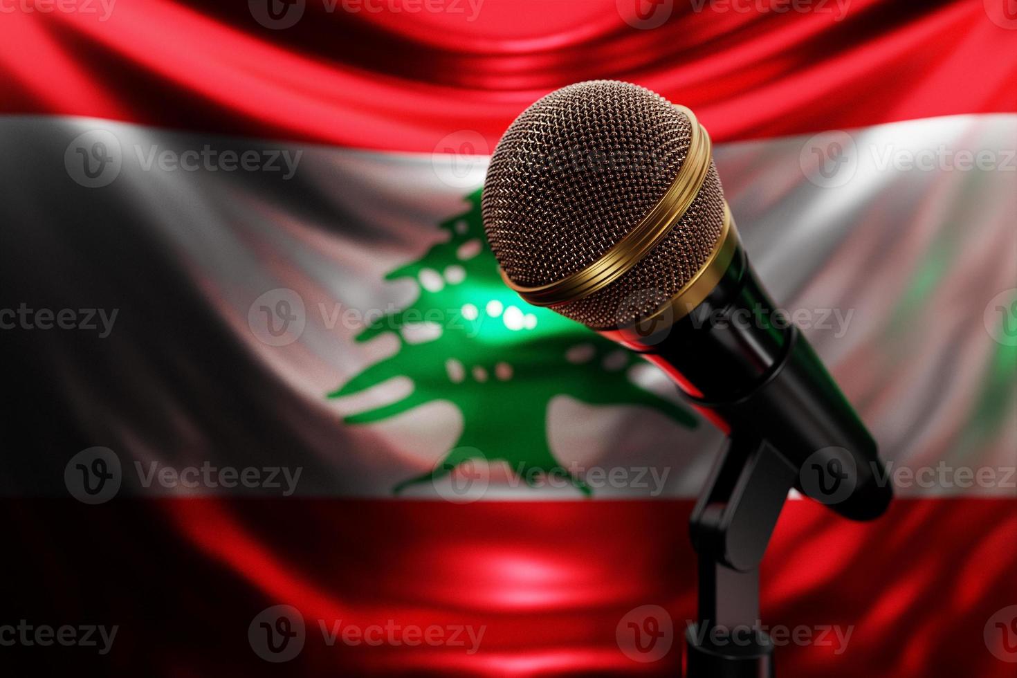 Microphone on the background of the National Flag of Lebanon, realistic 3d illustration. music award, karaoke, radio and recording studio sound equipment photo