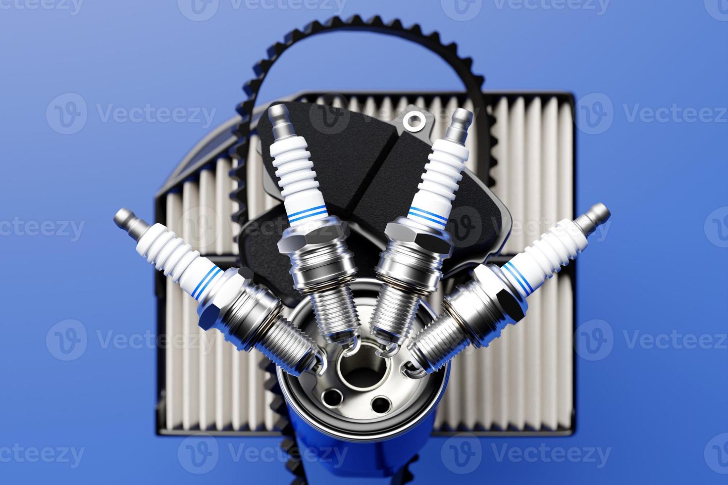 3d illustration of auto parts spark plugs, brake pads, air filter, timing belt on a blue isolated background photo