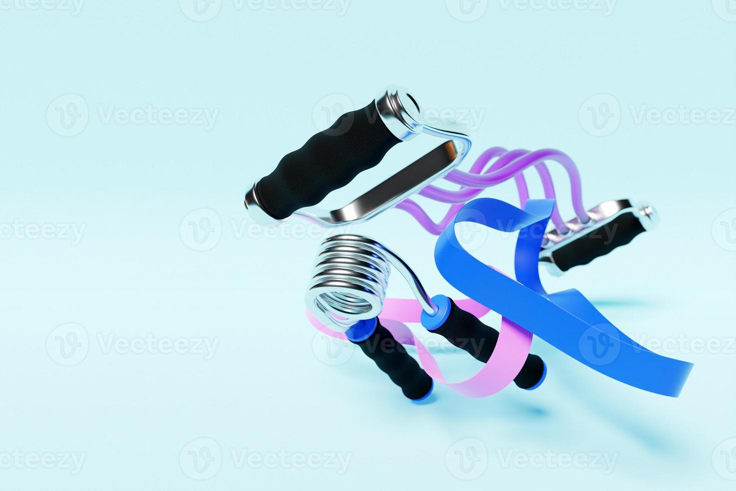 3D illustration, iron arm expander or resistance band, fitness elastic bands on a blue background. 3d rendering of sports equipment for fitness and powerlifting photo