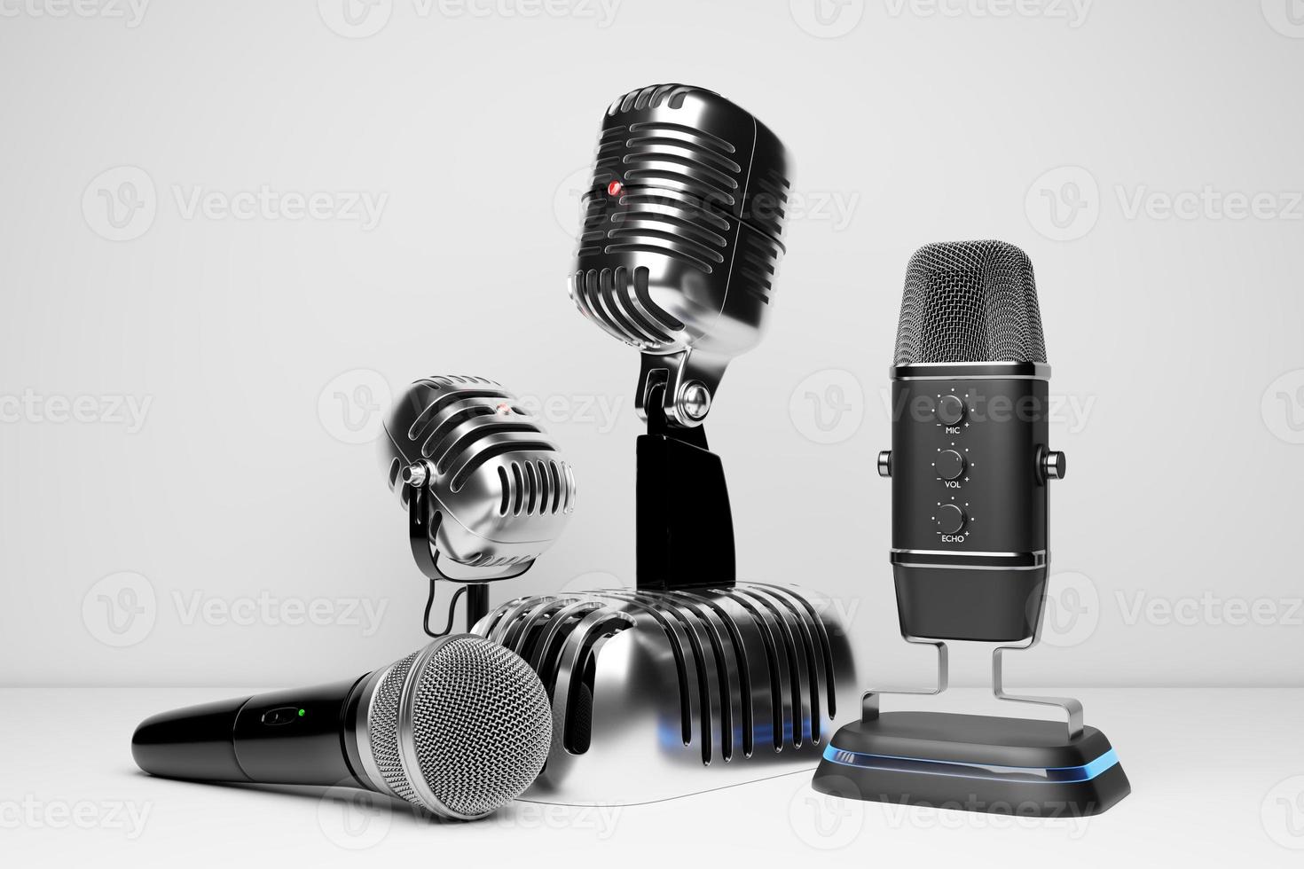 A set of microphones in a realistic background on a white isolated background, 3d illustration. Live show, music recording, entertainment concept. photo