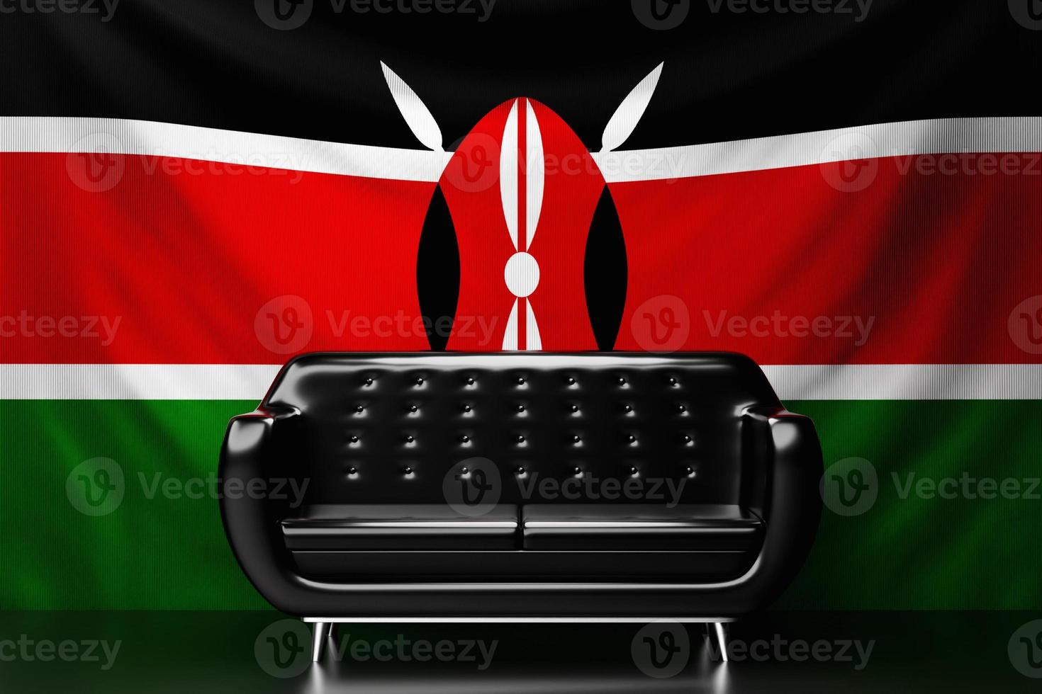 Black leather sofa with the national flag of Kenya  in the background. 3D illustration photo