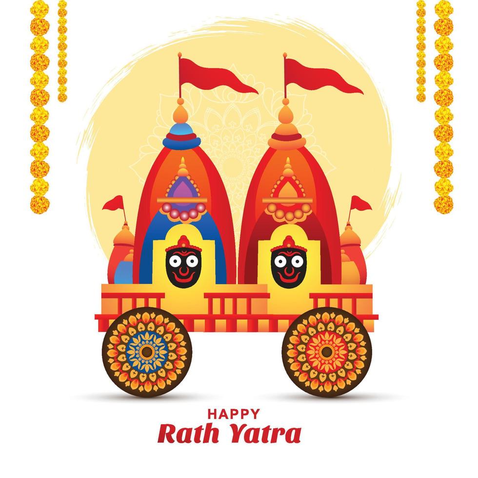 Jagannath rath yatra on hindu temple holiday card background vector