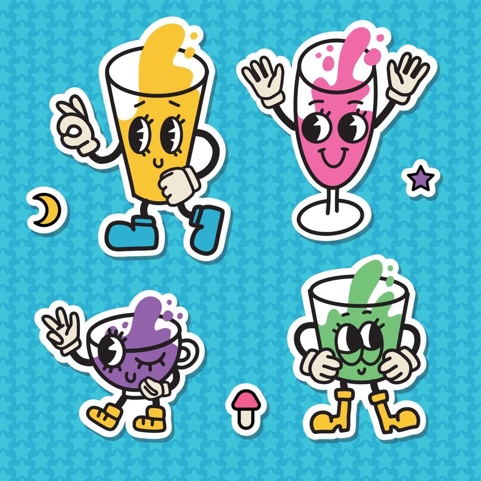 Retro beverage mascot illustrations set. Old cartoon style character stickers kit. A glass of drink is a character with eyes and gloved hands. Vector design for of T-shirts, covers, mugs and more.