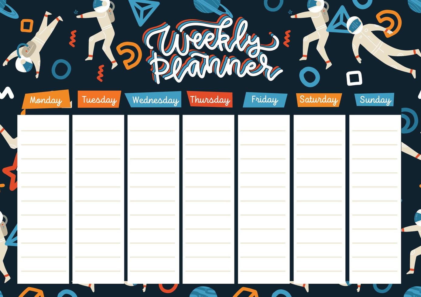 Weekly planner template with funny outer space with astronauts and abstract shapes. Kids schedule printable design. Vector flat hand drawn illustration.