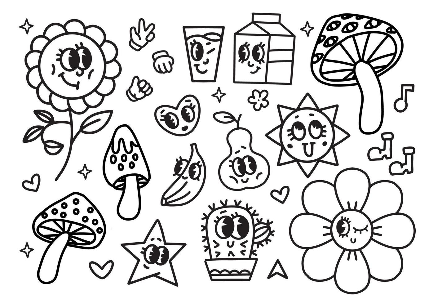 página para colorear lineal en blanco y negro. divertidos personajes de dibujos animados retro. ilustración vectorial de flor, seta, corazón, sol y cactus. conjunto de elementos cómicos en estilo de dibujos animados antiguo de moda. vector