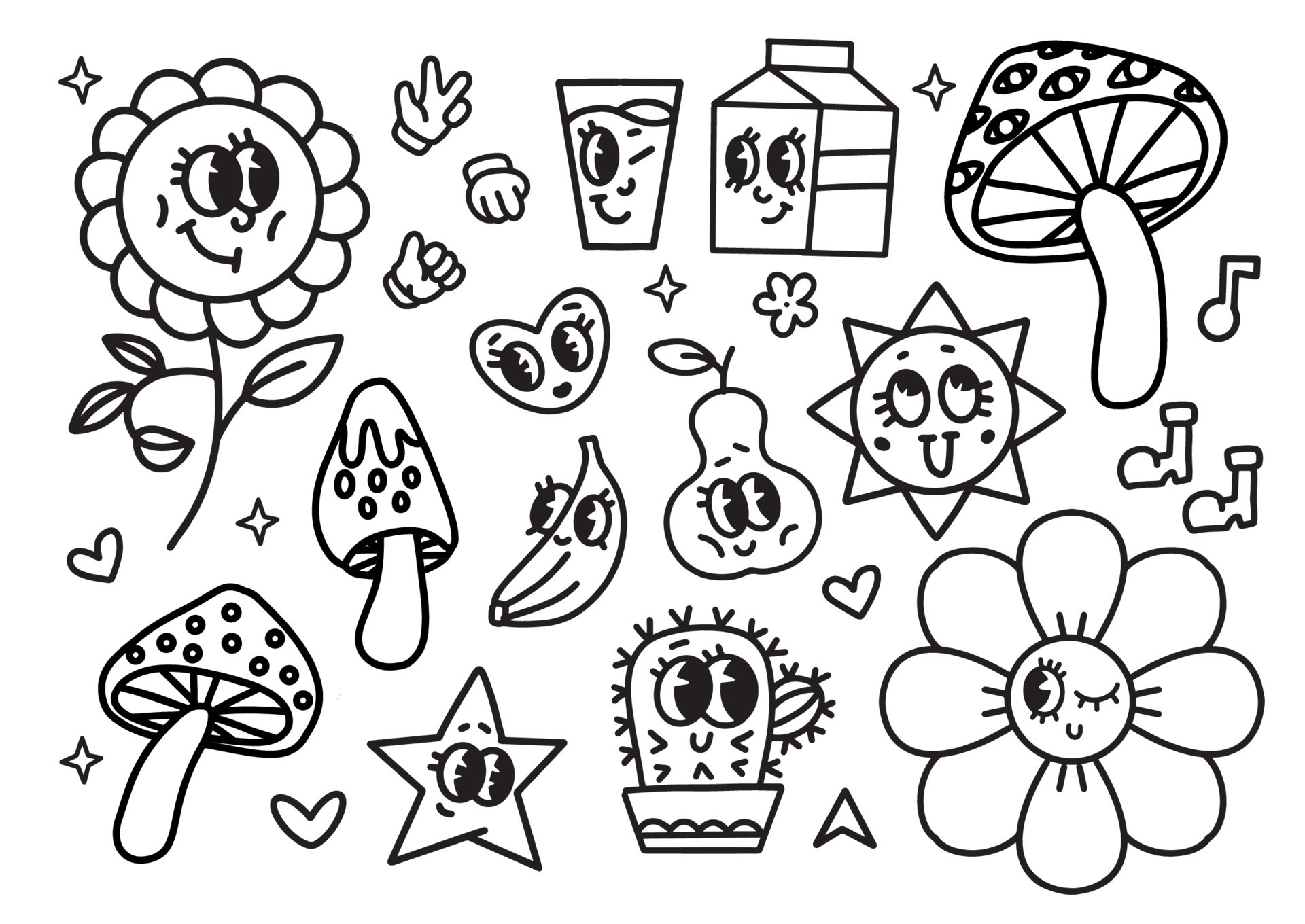 Black and white linear coloring page. Funny retro cartoon characters.  Vector illustration of flower, mushroom, heart, sun and cactus. Set of comic  elements in trendy old cartoon style. 8728885 Vector Art at
