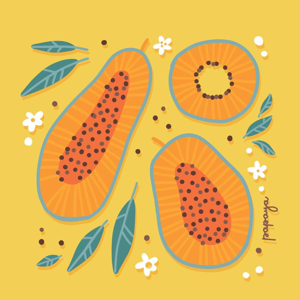 conjunto de papaya verde - papaya vegetariana tropical cortada en rodajas en estilo plano de dibujos animados vectoriales con decoración floral, flores y semillas vector