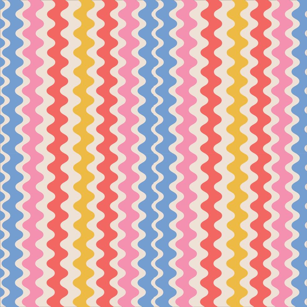Retro striped wavy seamless pattern. 70s style abstract psychedelic waves flowing simple design. Summer wavy stripes childish fabric print. Geometric texture. Vector illustration.