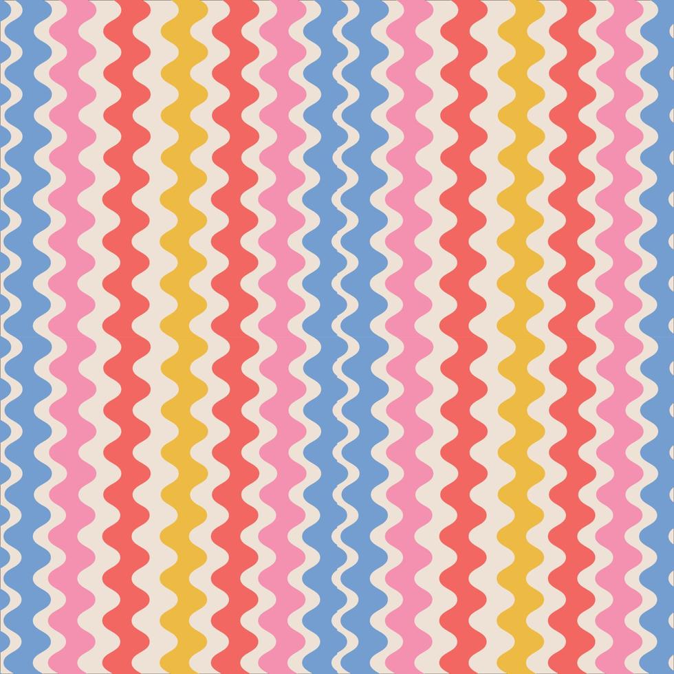 Retro striped wavy seamless pattern. 70s style abstract psychedelic waves flowing simple design. Summer wavy stripes childish fabric print. Geometric texture. Vector illustration.