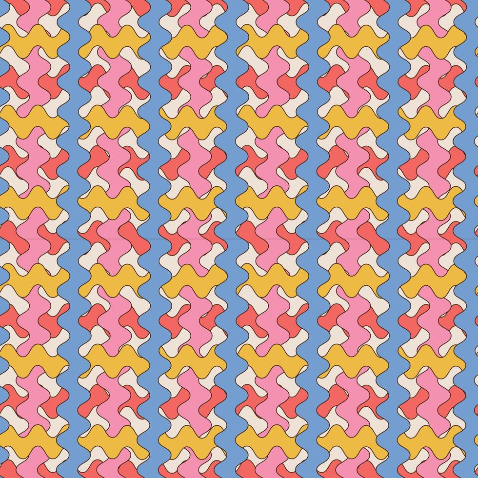 Groovy distorted chessboard background with wavy stripes. Trippy grid seamless pattern. Retro style 60s 70s backdrop. Vector linear illustration.
