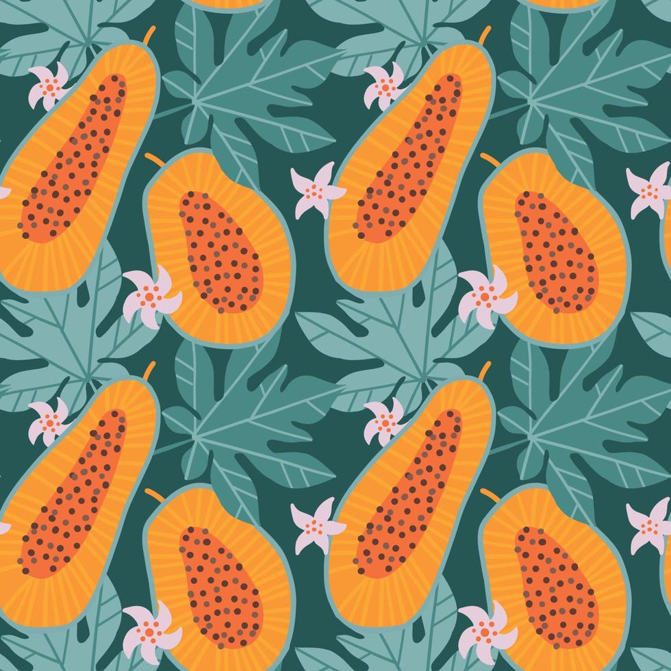 Exotic summer seamless pattern with half papaya on green leaves background. Tropical sweet fruit cut into slices, flowers, leaves, pulp, seeds. Hand drawn vector background colorful jungle fruits