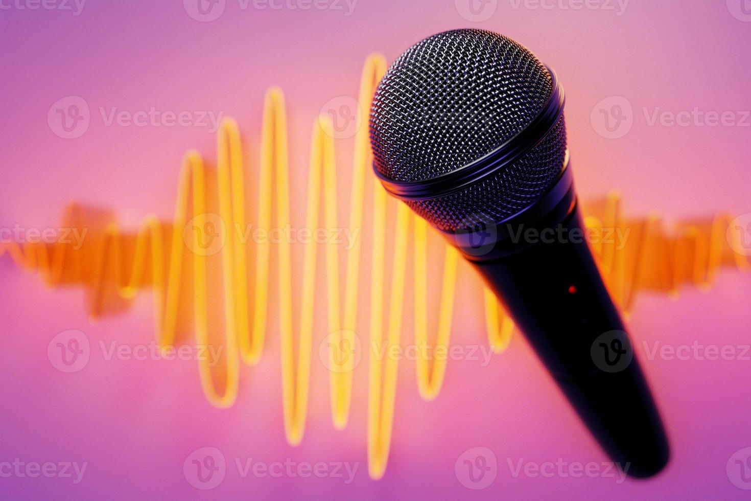 Silver microphone,   model against the background of equalizer lines, realistic  3d illustration. photo