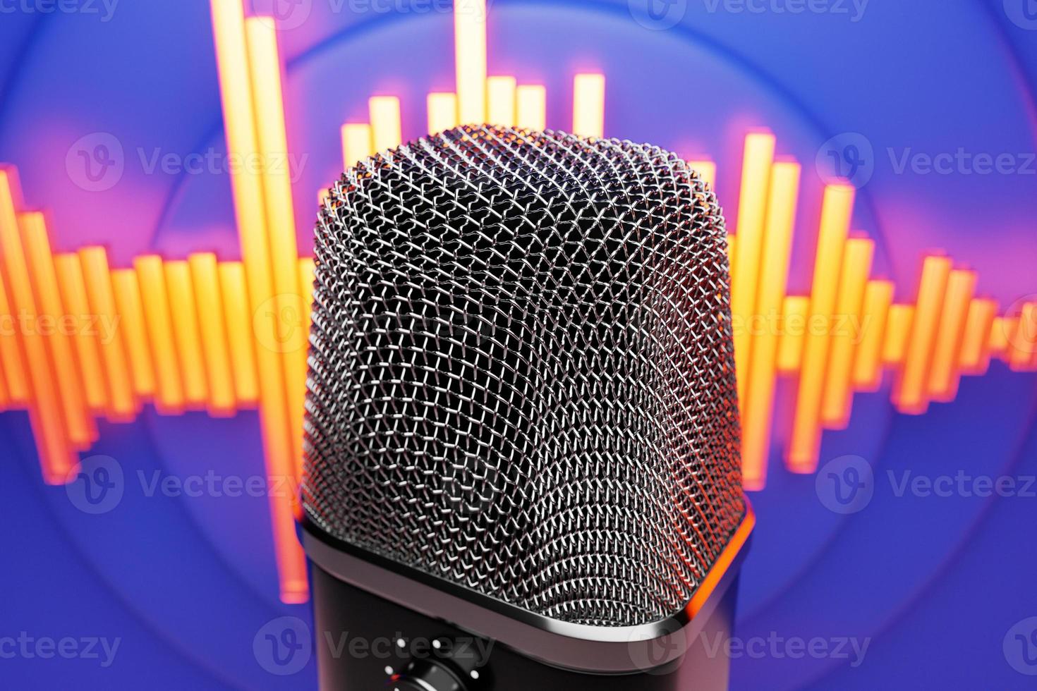 micrófono plateado, modelo sobre el fondo de líneas de ecualizador, ilustración 3d realista. premio de música, karaoke, radio y equipo de sonido de estudio de grabación foto