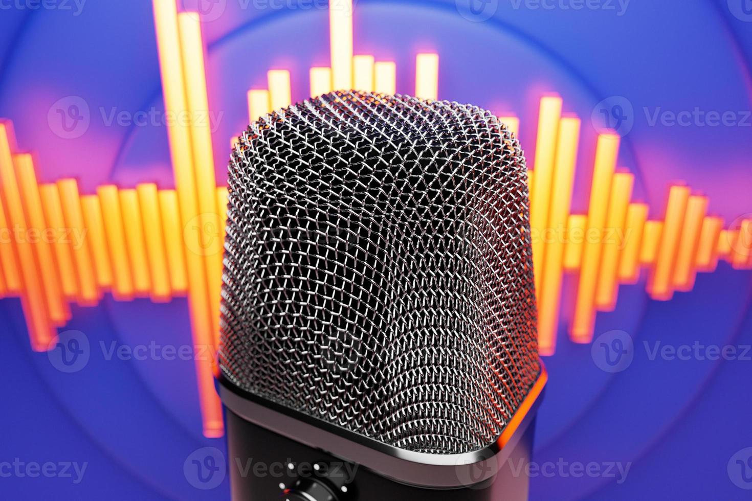Silver microphone,   model against the background of equalizer lines, realistic  3d illustration. music award, karaoke, radio and recording studio sound equipment photo