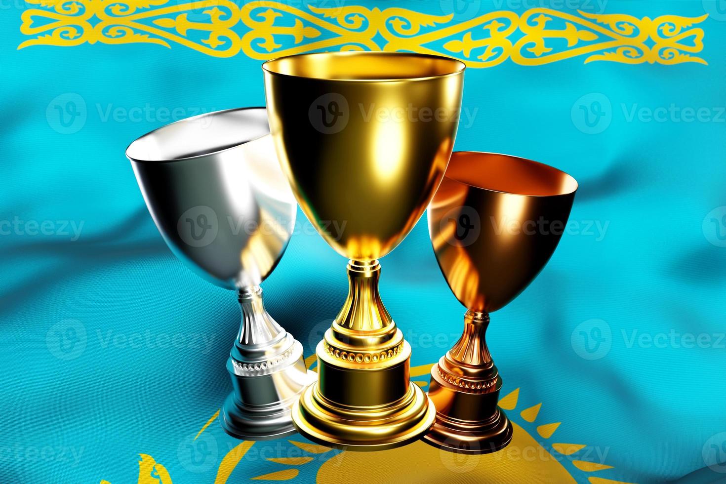 3d illustration of a cup of gold, silver and bronze winners on the background of the national flag of  Kazakhstan. 3D visualization of an award for sporting achievements photo
