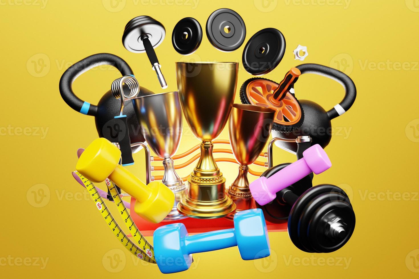 3D illustration, sports cups on the background of kettlebells, dumbbells, an iron arm expander or resistance band, fitness rubber bands and other sports equipment photo