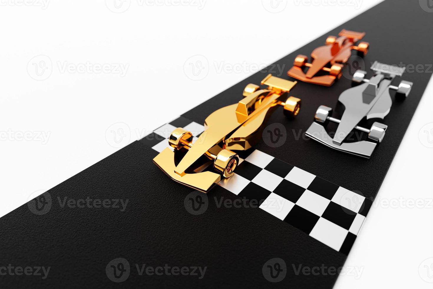 3D illustration of car racing with gold, silver, bronze children's cars. Fight at the finish line of three racing kids convertible cars at high speed photo