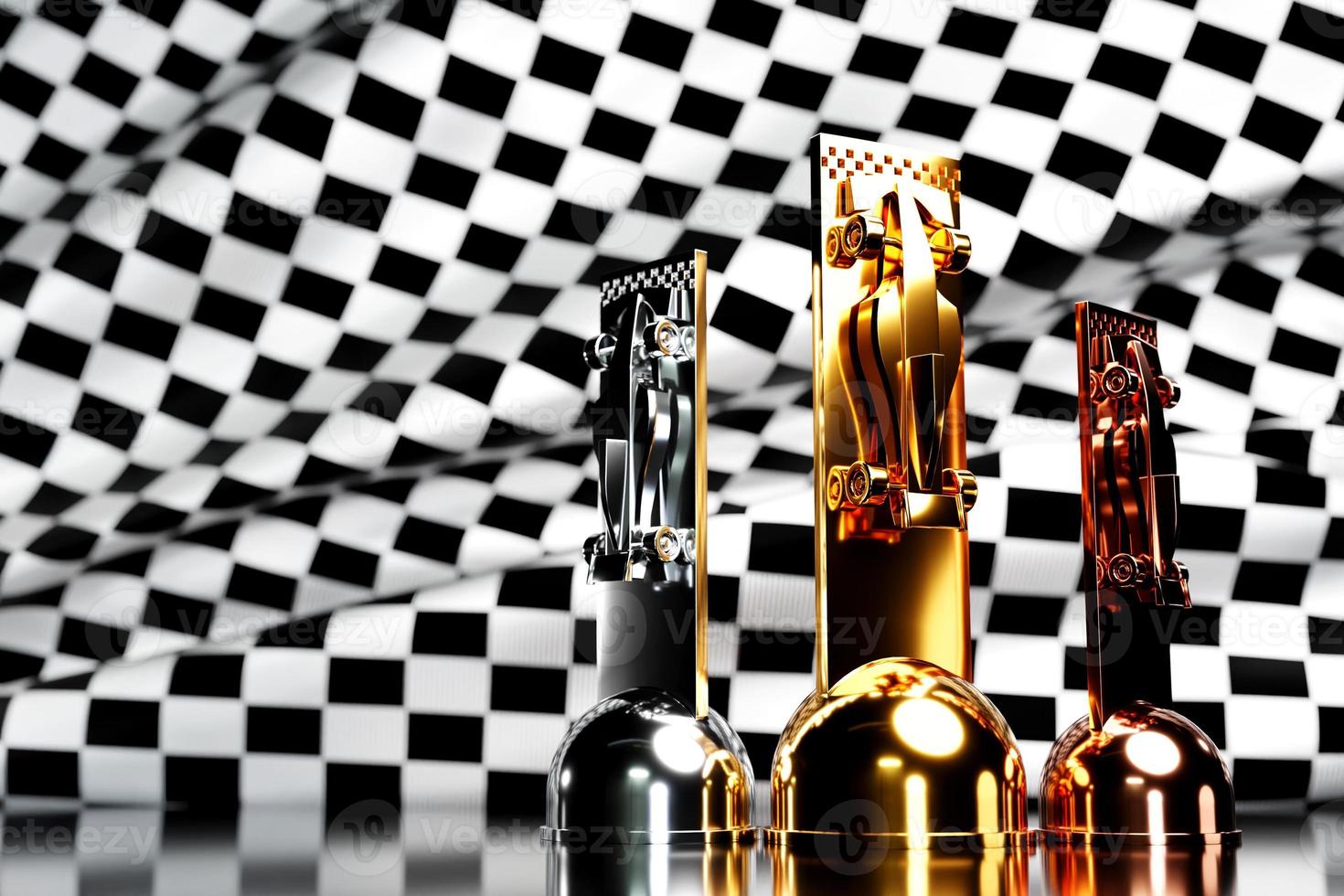 3d illustration of a cup of gold, silver and bronze winners in the form of sports cars on a checkered background. 3D visualization of an award for sporting achievements in racing photo