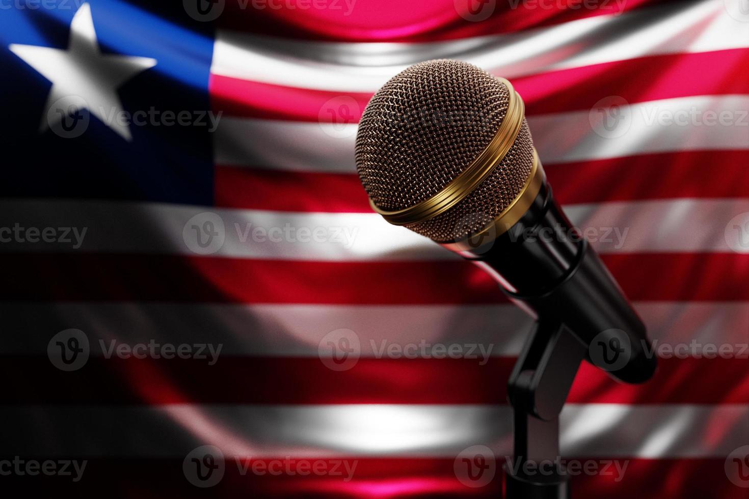 Microphone on the background of the National Flag of Liberia, realistic 3d illustration. music award, karaoke, radio and recording studio sound equipment photo