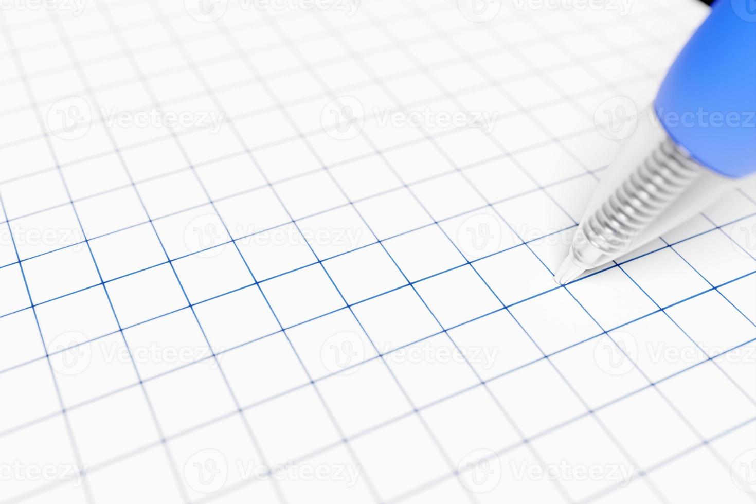 3d illustration, a school notebook in a cage and a blue pen on a blue background, a spiral notepad on the table. School stationery. Back to school photo