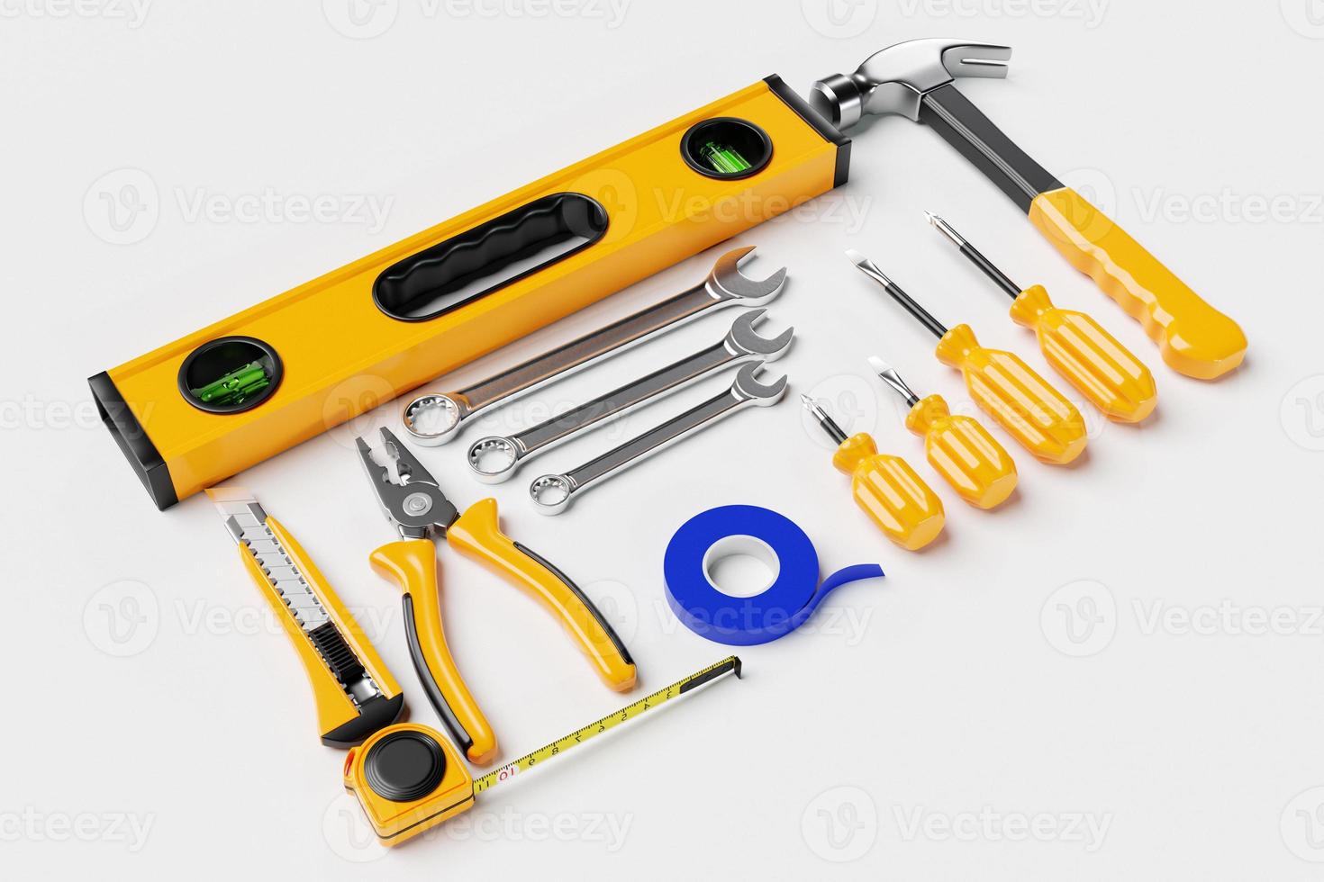 3D illustration   screwdriver, hammer, pliers, levers,screws, etc. for handmade on  white background. Various working tools. Construction, construction, renovation concept. photo