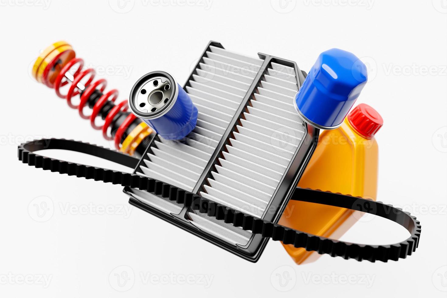 3d ilustración de autopartes amortiguador de coche, bote de aceite, filtros de combustible y aire foto