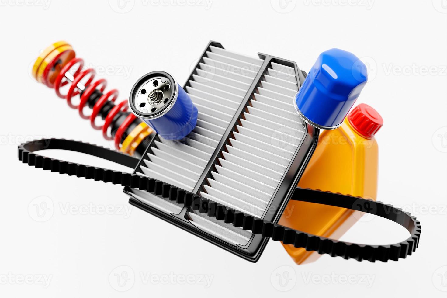 3d illustration of auto parts car shock absorber, oil canister, fuel and air filters photo