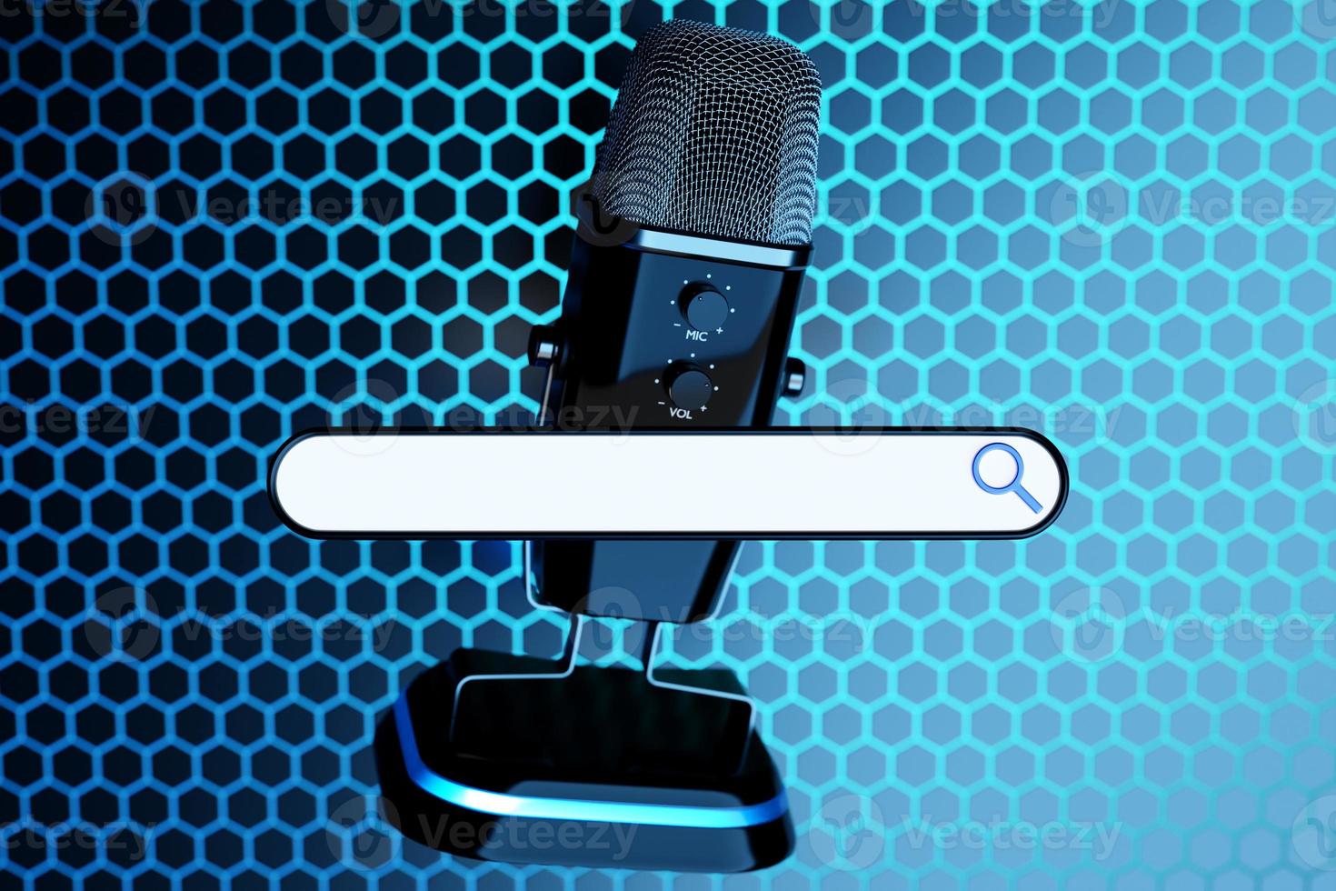 3D illustration of a silver microphone with an information search bar on a blue  background. The concept of communication via the Internet, social networks, chat, video, news, messages photo