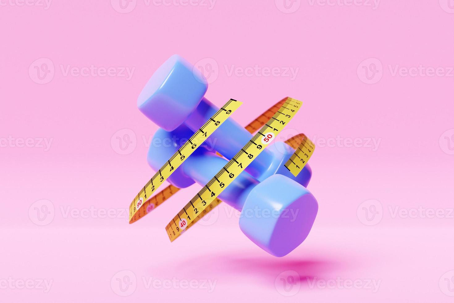 3D colorful illustration of blue plastic dumbbells and a measuring tape  on a pink background. Sports equipment. Time to exercise and lose weight photo