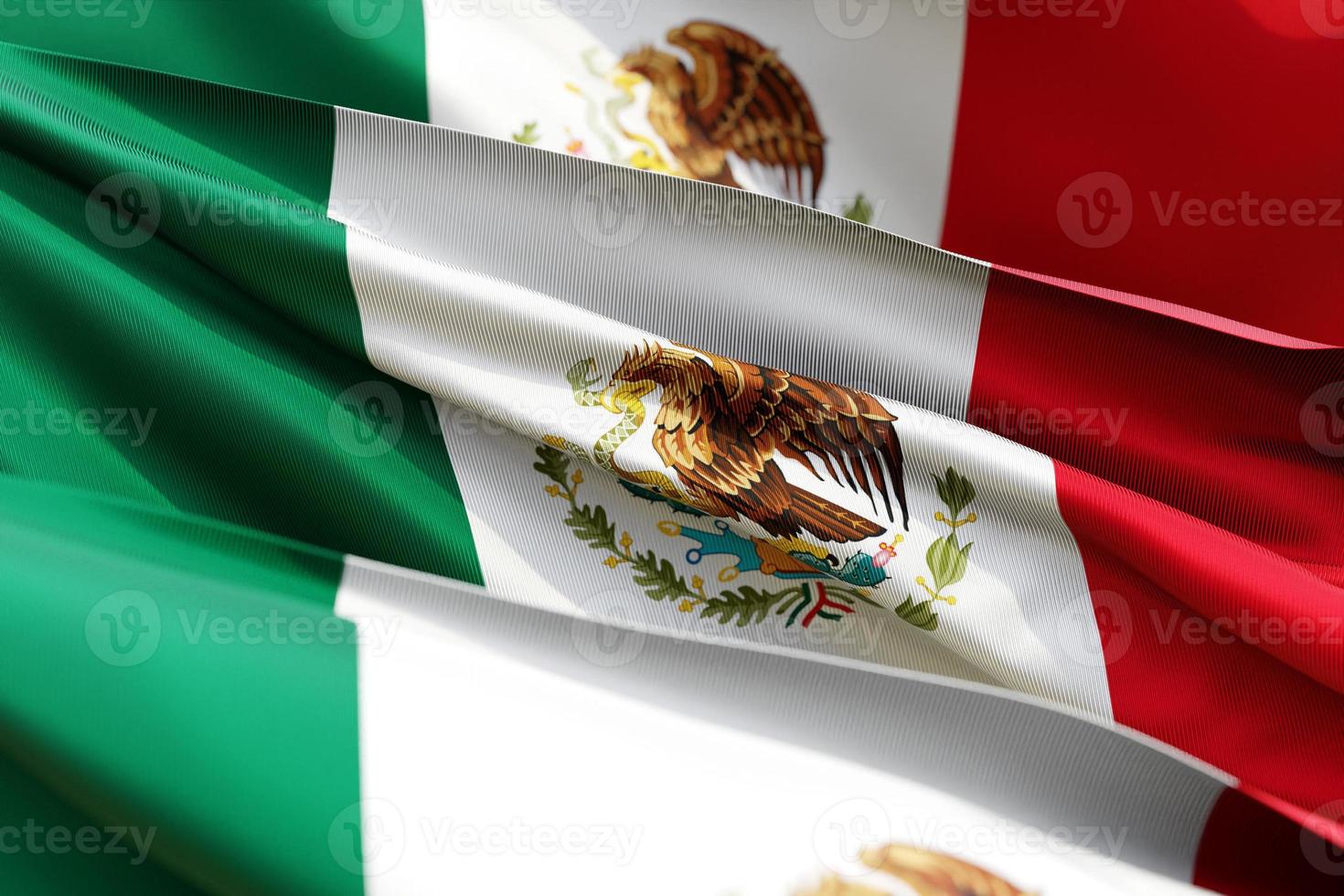 The national flag of Mexico from textiles close up in three versions, soft focus. 3D illustration photo