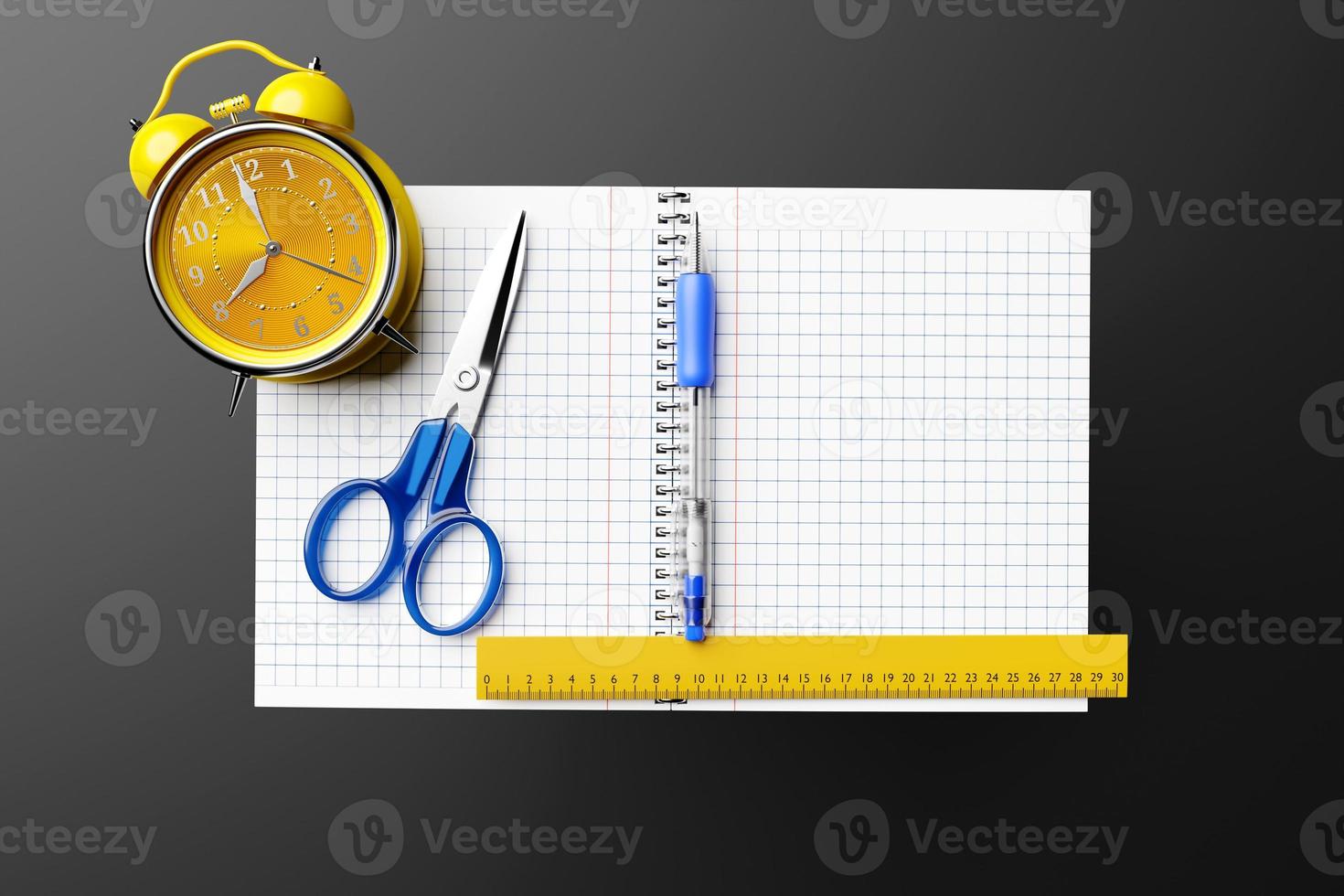 illustration, an open checkered notebook, a blue pen, scissors and an alarm clock on a black table are ready for the lesson. Stationery.Back to school photo