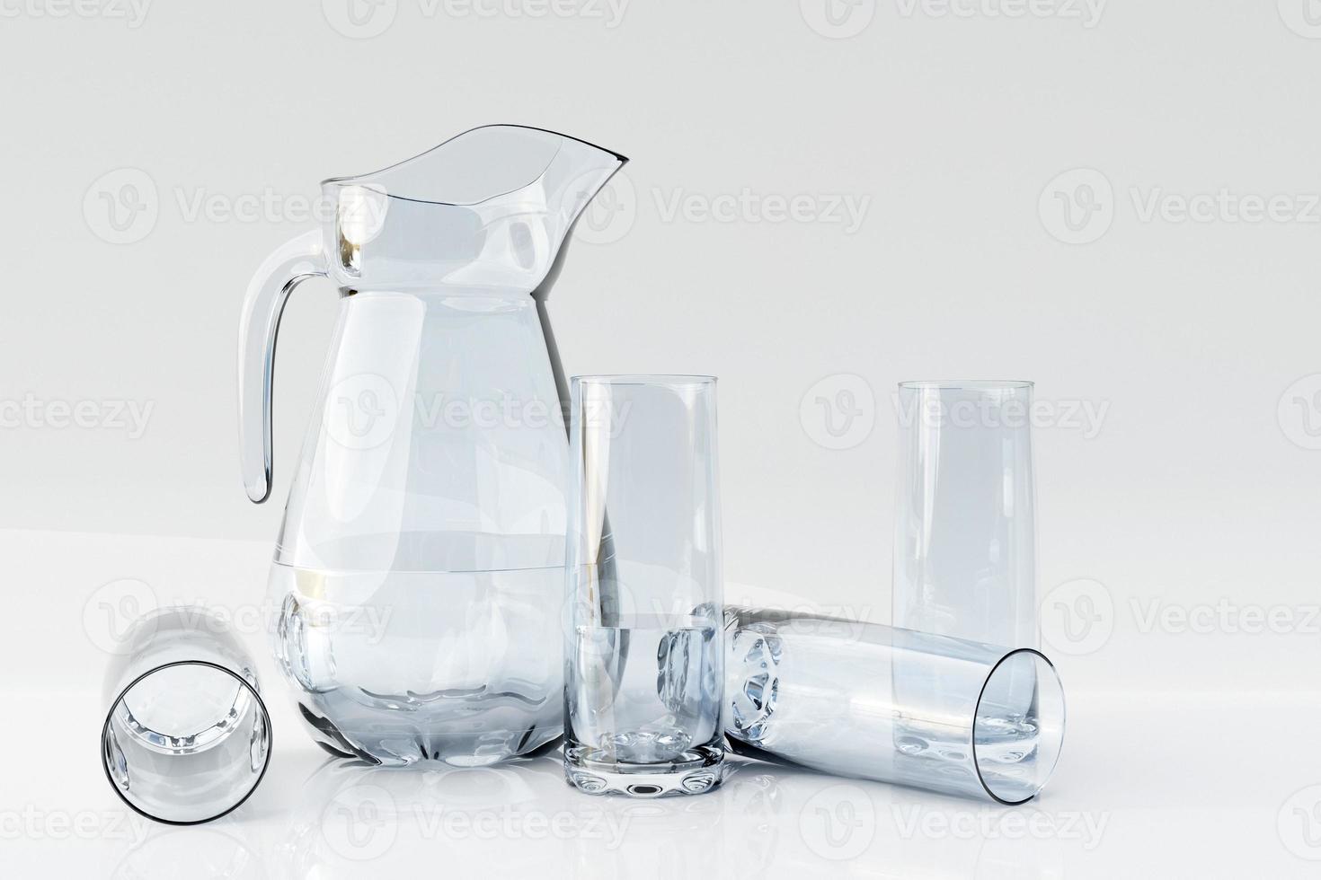 Empty crockery set, decanter with glasses on a white isolated background. healthy lifestyle concept photo