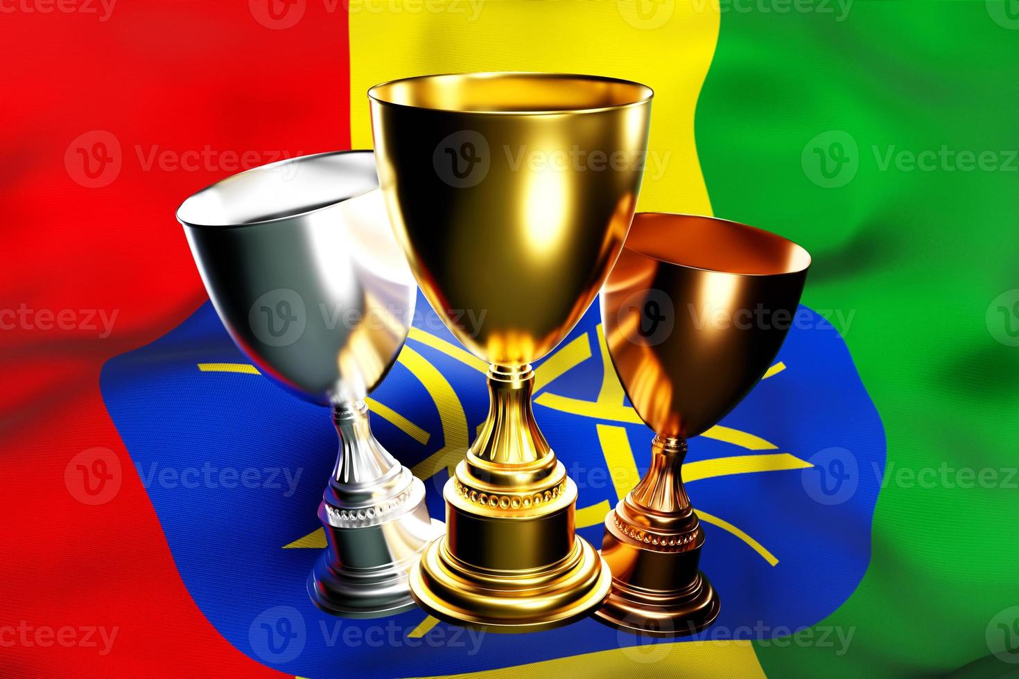 Ilustración 3d de una copa de ganadores de oro, plata y bronce en el fondo de la bandera nacional de etiopía Visualización 3d de un premio por logros deportivos foto