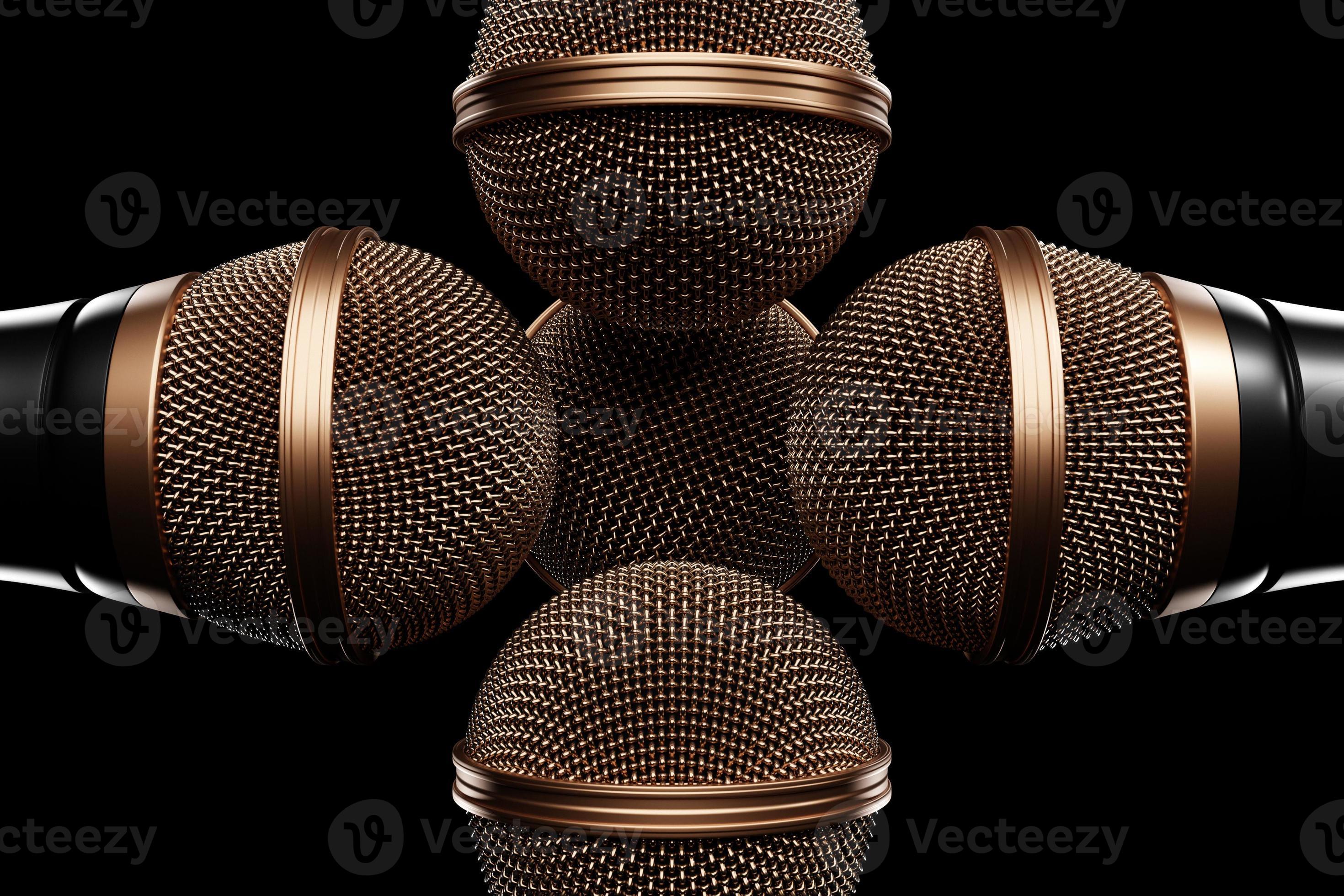 Microphones, round shape model on black background, realistic 3D mockup.  music award, karaoke, radio and recording studio sound equipment 8729135  Stock Photo at Vecteezy
