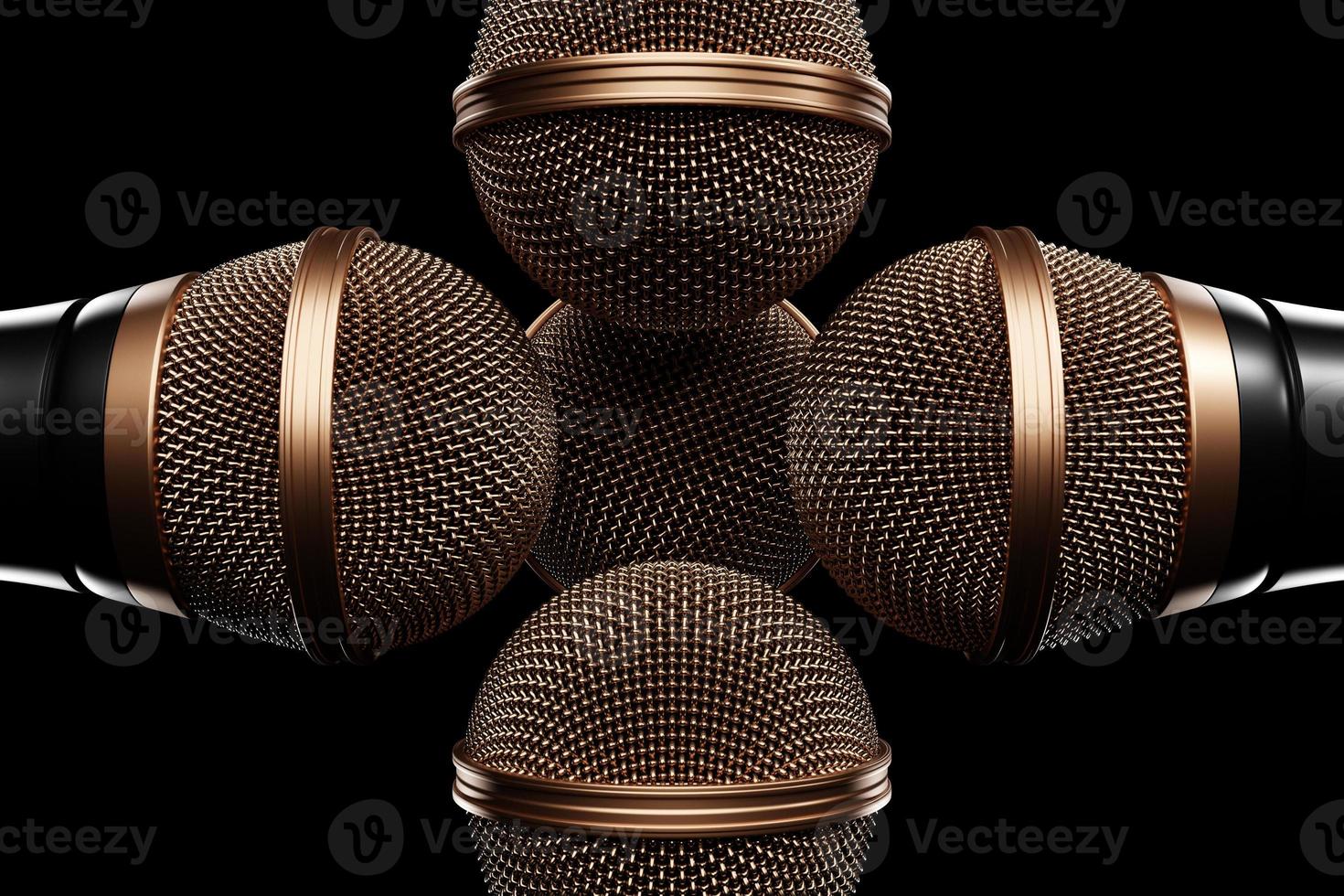 Microphones, round shape model on black background, realistic 3D mockup. music award, karaoke, radio and recording studio sound equipment photo