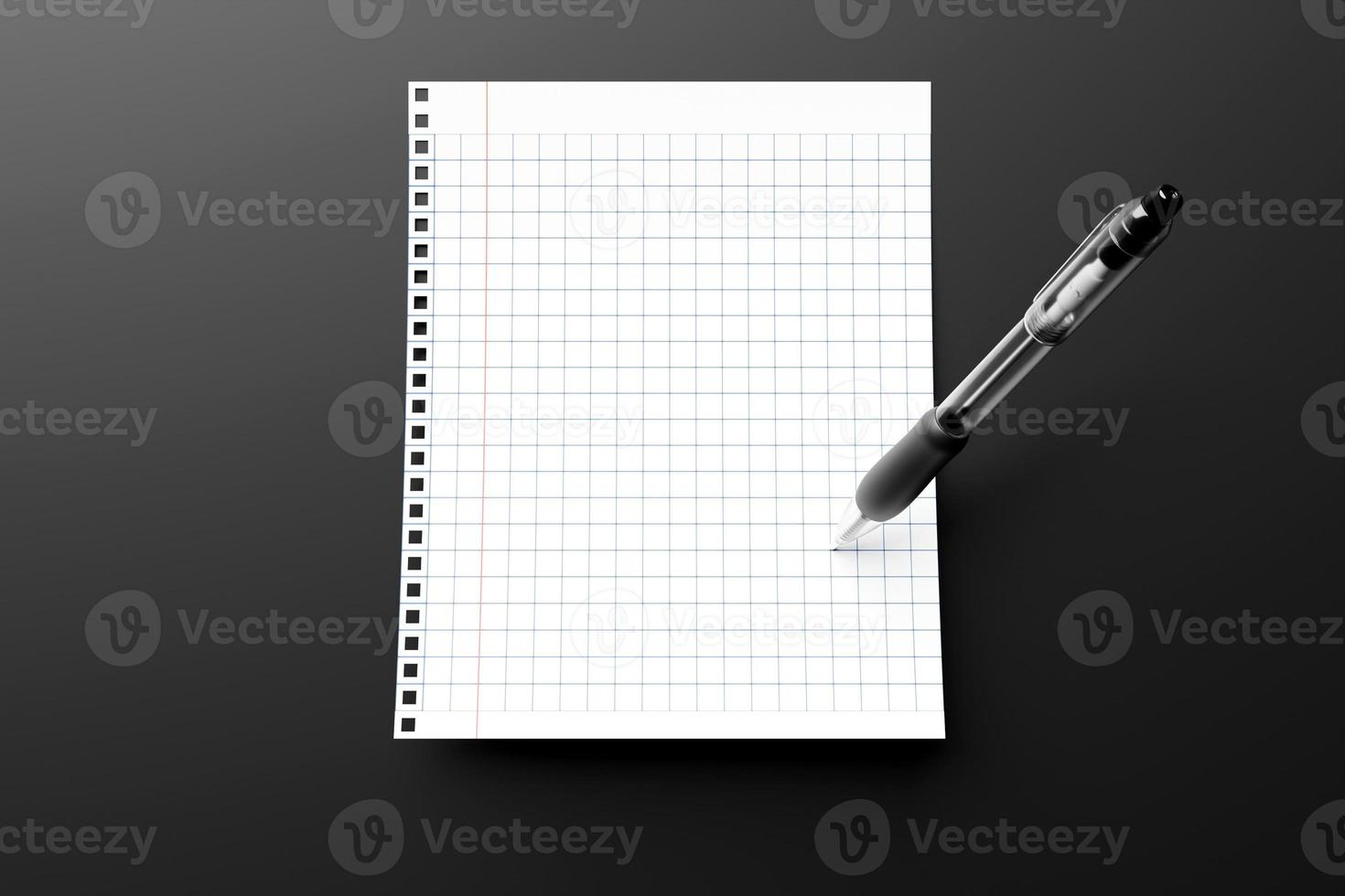 3d illustration, a school notebook in a cage and a blue pen on a blue background, a spiral notepad on the table. School stationery. Back to school photo