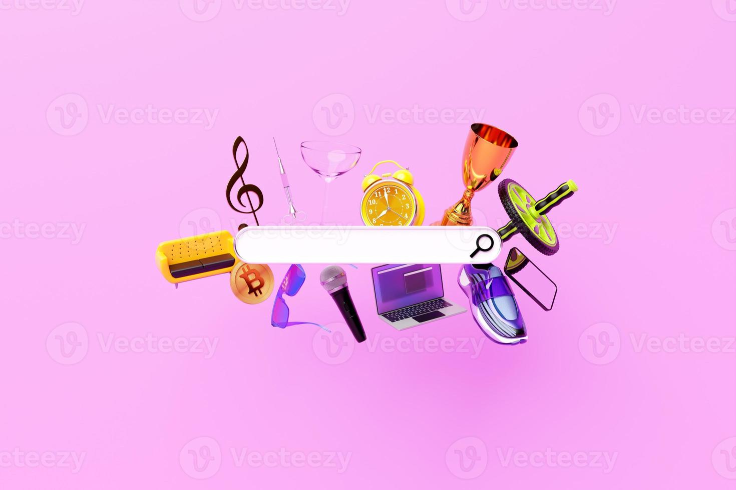 3D illustration, search bar design element with  different equipment photo