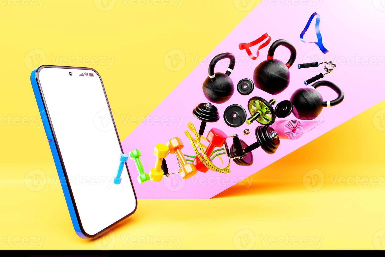 3D colorful illustration of a modern smartphone with a panel with sports equipment. the concept of online workouts, fitness training photo