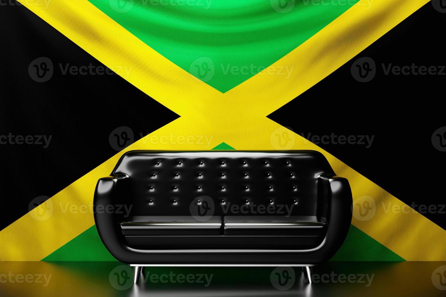 Black leather sofa with the national flag of Jamaica in the background. 3D illustration photo