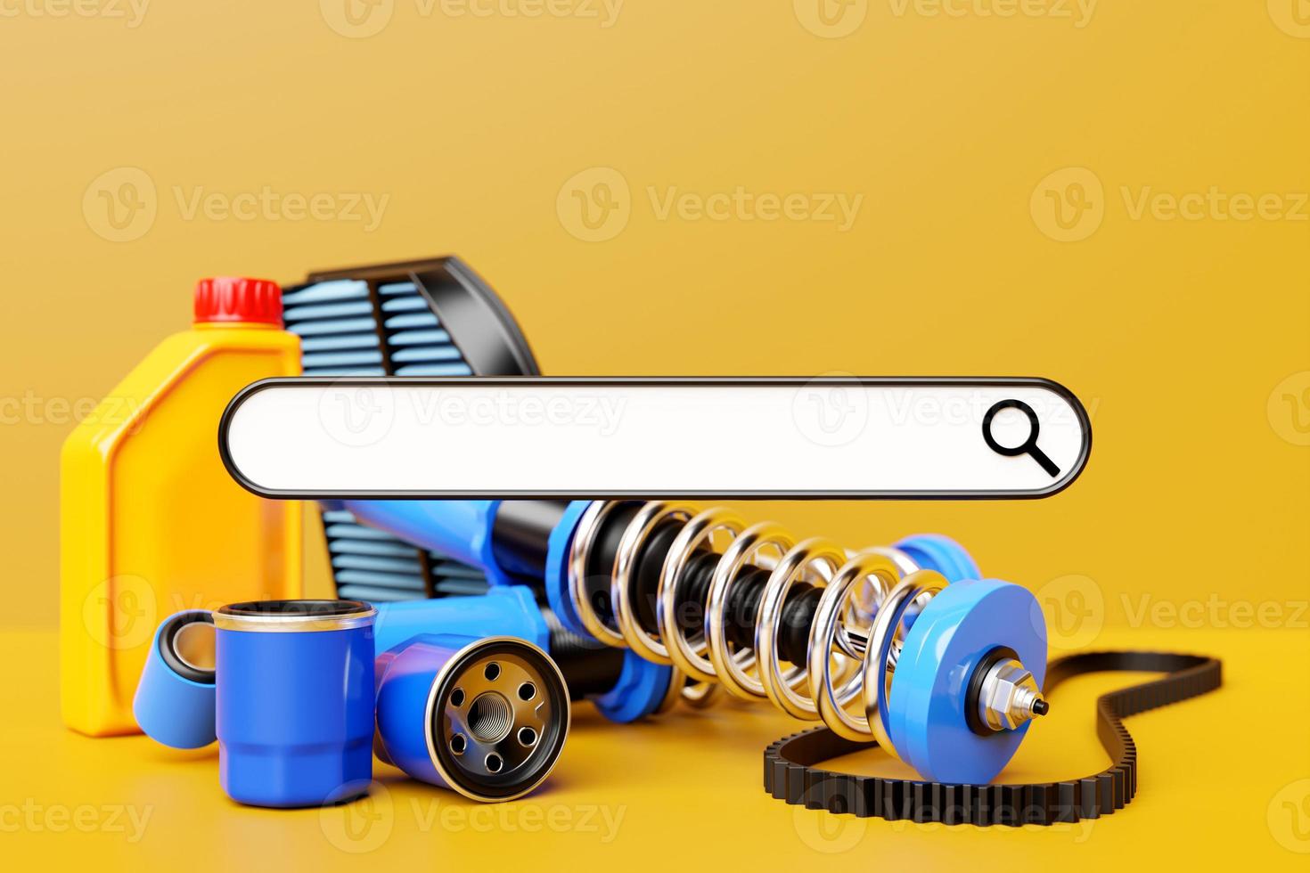 3D illustration, search bar design element with auto parts car shock absorber,timing belt,  oil canister, fuel and air filters. Online shopping concept for spare parts photo
