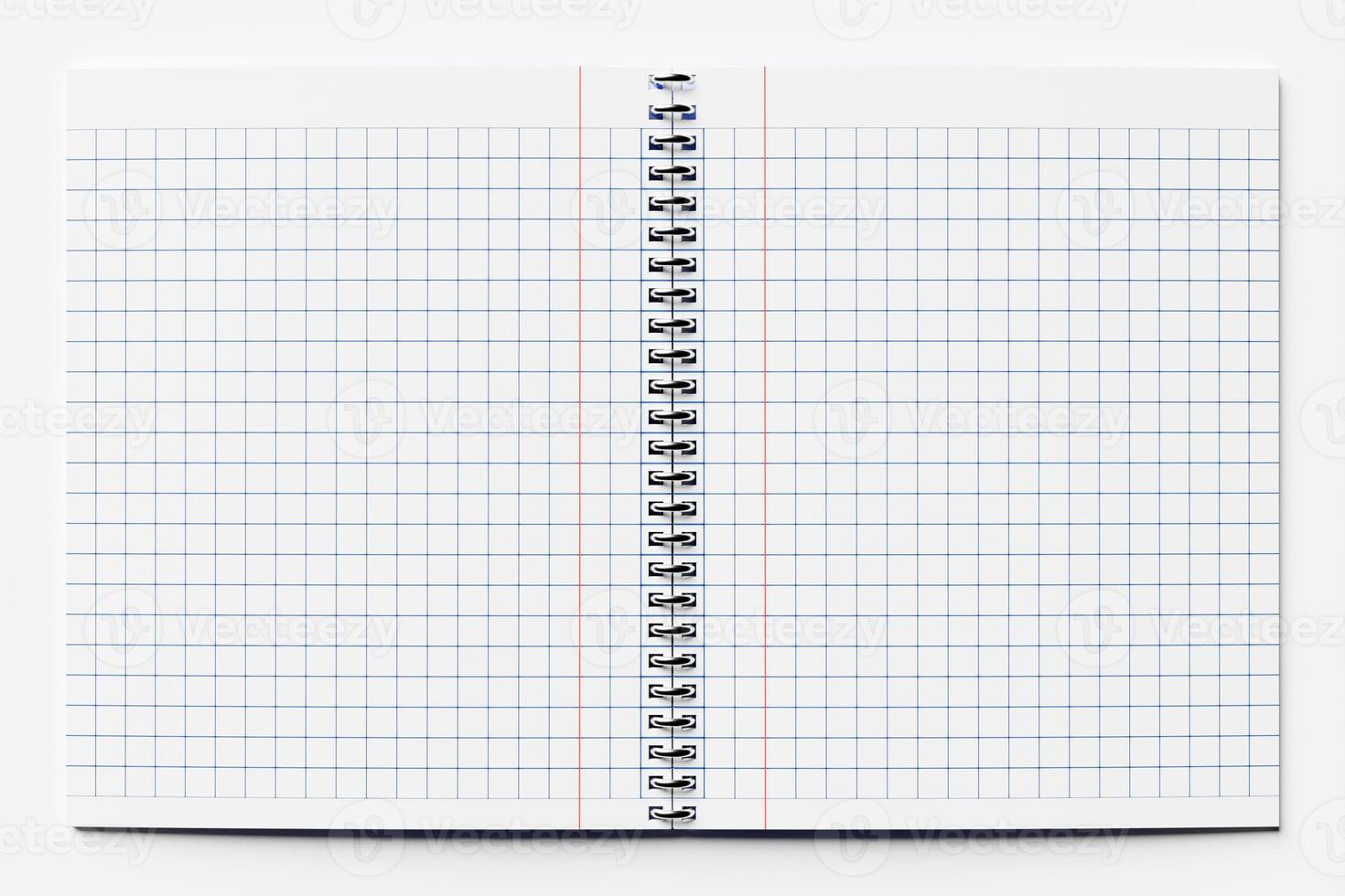 Square background illustration with a grid in the center and a border on it. Checkered background mockup with note field. Open notepad on rings. 3D illustration photo