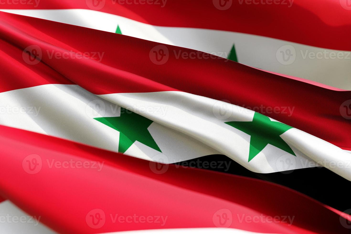 The national flag of Syria from textiles close up in three versions, soft focus photo