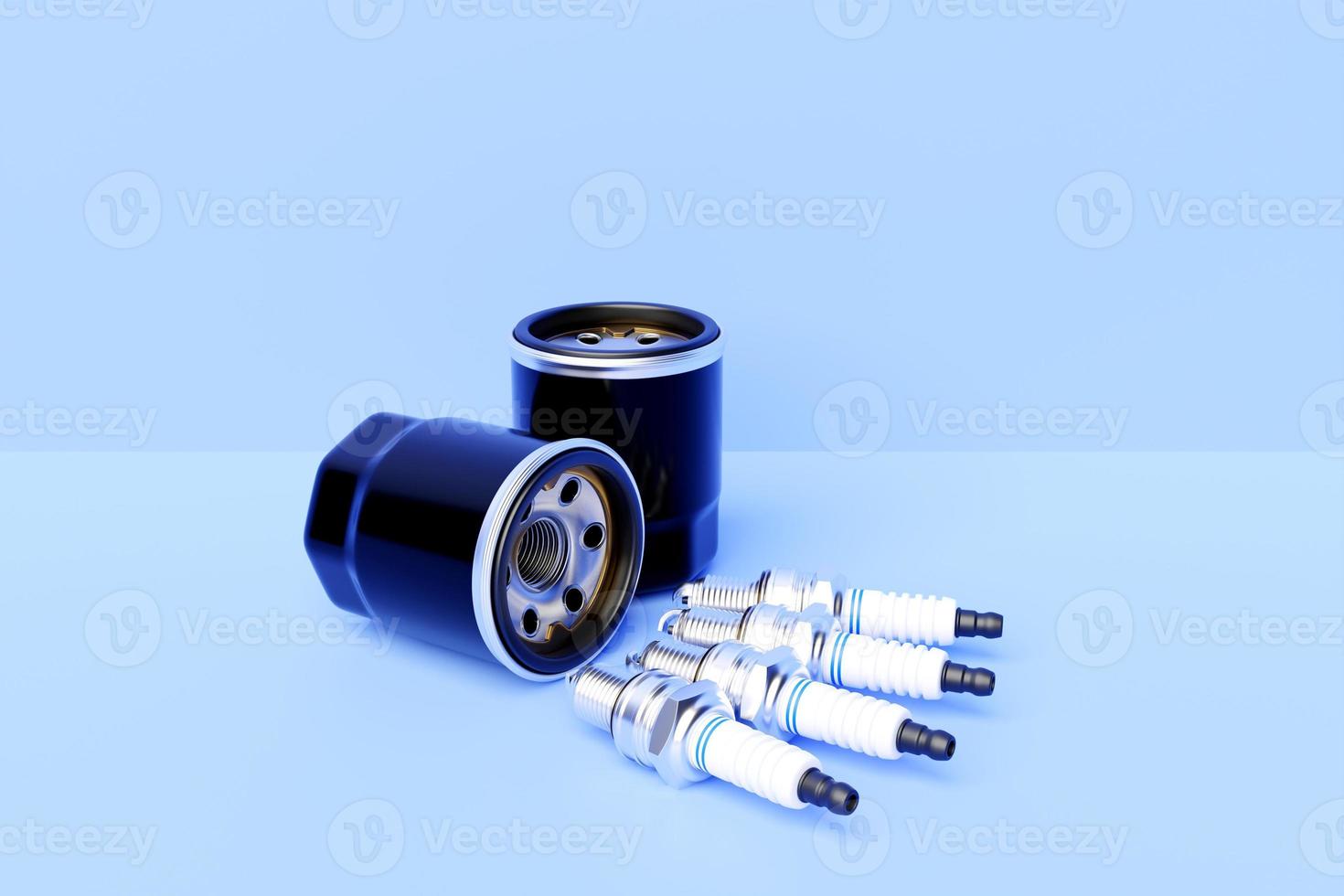 Black fuel filter car and spark plugs on blue background. 3d illustration. Car Repair Parts photo